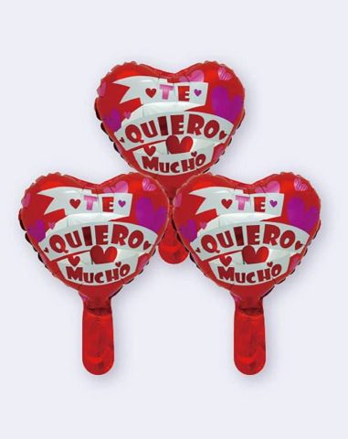 PAQUETE 3 GLOBO TE QUIERO MUCHO 25CMS + PALO 40 CM