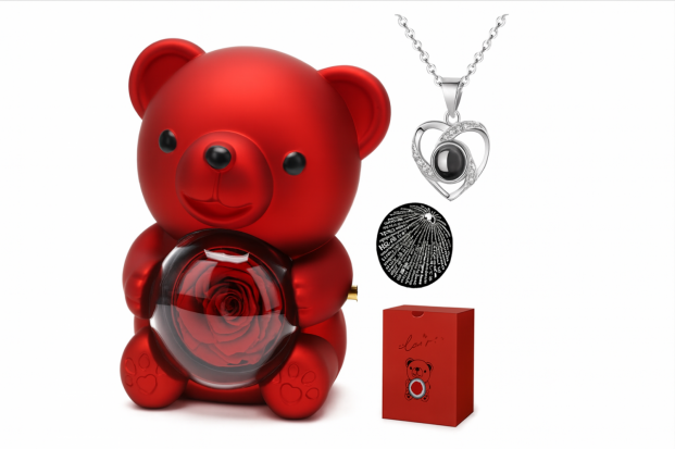 OSO PEQUEÑO CON ROSA Y COLLAR 10.5X9X13.5CM 