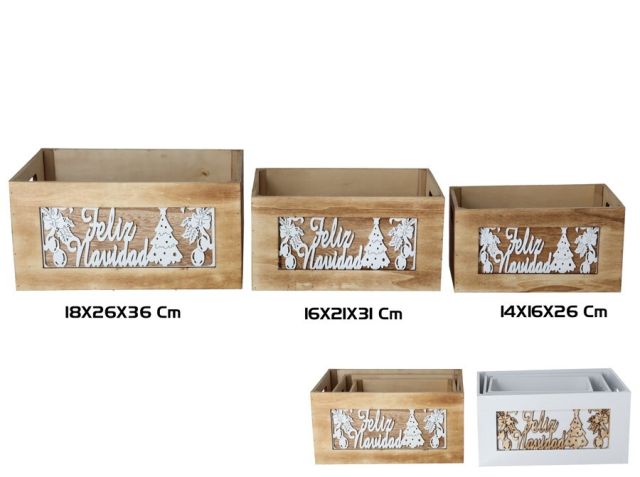 CAJA MADERA X3 FELIZ NAVIDAD 2STD 36X26X18CM 40495